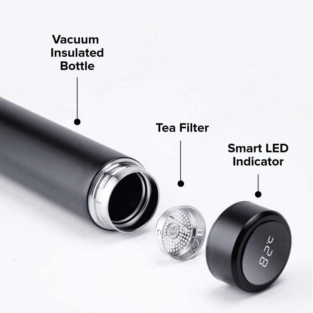 500ml Smart Water Bottle with LED Display - Vacuum Insulated Stainless Steel Travel Mug, 2-Year Battery Life, Black