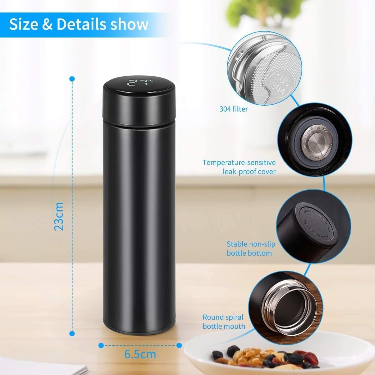 500ml Smart Water Bottle with LED Display - Vacuum Insulated Stainless Steel Travel Mug, 2-Year Battery Life, Black
