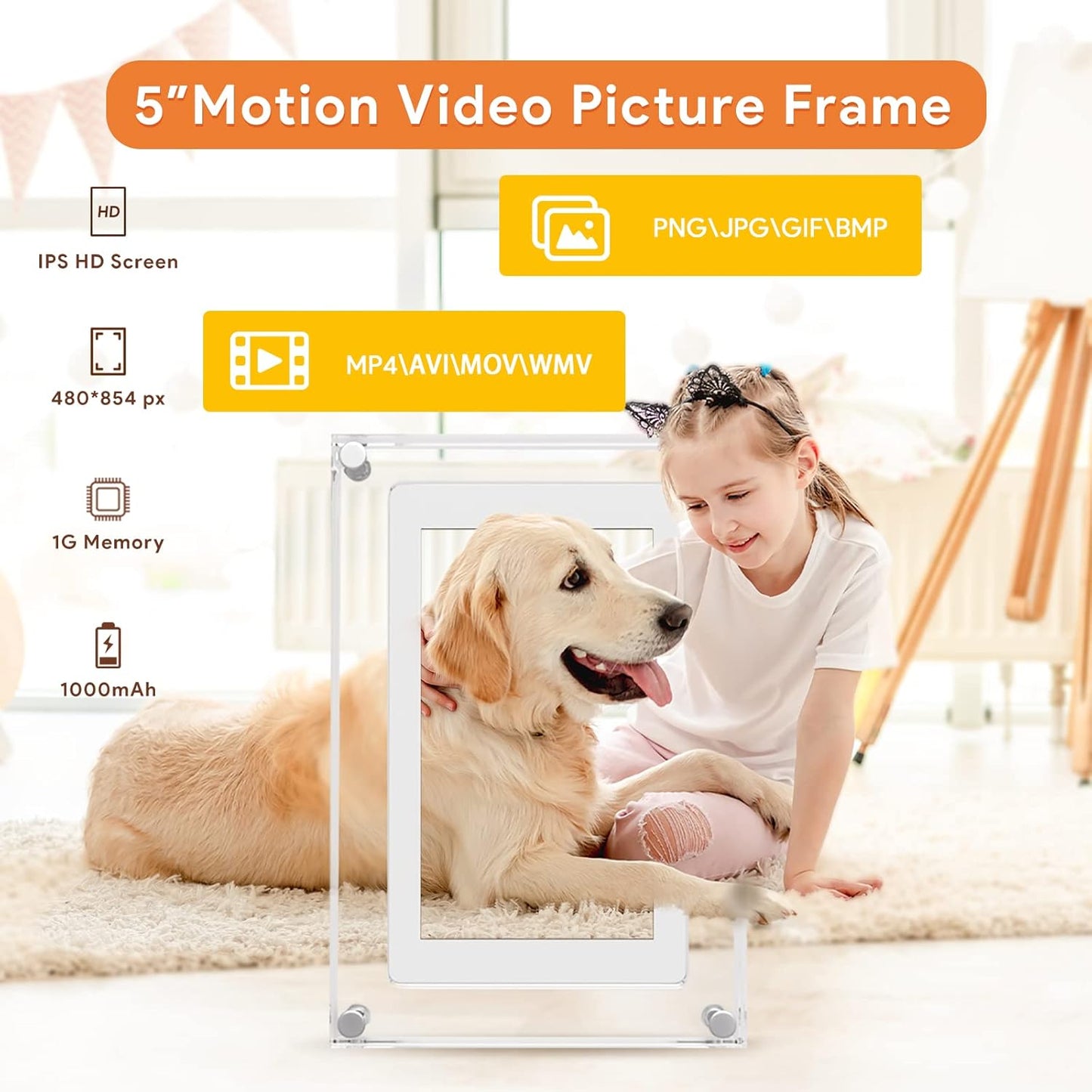 Motion Video Frame 5" | Acrylic Digital Video Frame - 1GB | 854 x 480 Screen Resolution