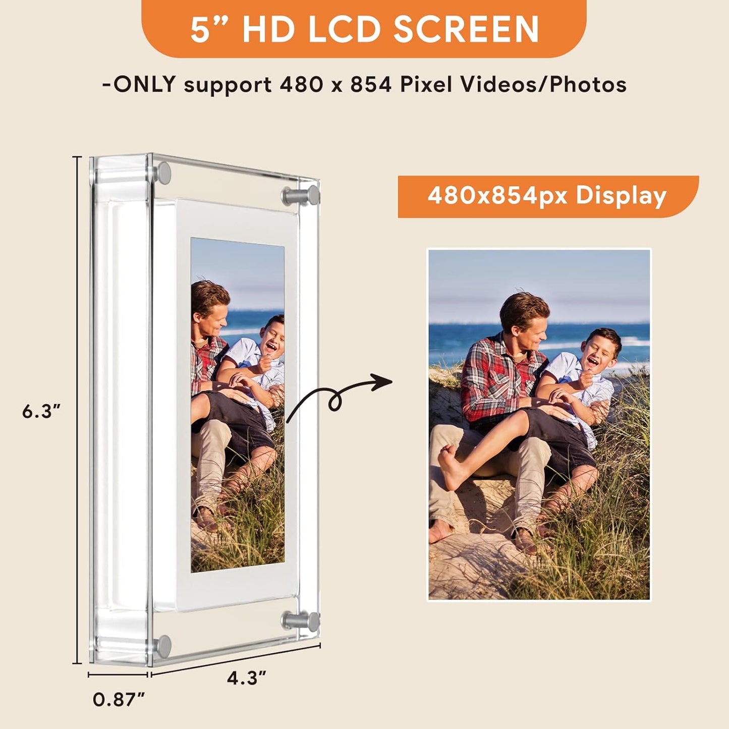 Motion Video Frame 5" | Acrylic Digital Video Frame - 1GB | 854 x 480 Screen Resolution