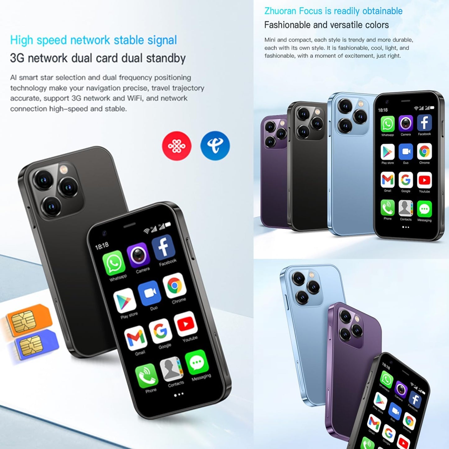 SOYES XS15 3G Mini Smartphone - 3.0 Inch, Quad-Core Android 8.1, WiFi, GPS, HD Camera, Dual SIM, 2GB RAM, 16GB ROM, Compact Palm-Sized China Mobile